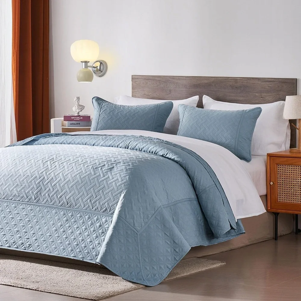 Quilt Set, 3 Piece Soft Basket Weave Sage Green Bedspread King Light Blue